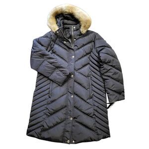 NWT Michael Kors Coat Women's XL Black Chevron Puffer Faux Fur Hooded
